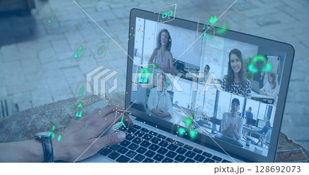 Image of ecology icons over happy diverse business people having image call Image of ecology icons over happy diverse business people having image call 128692073