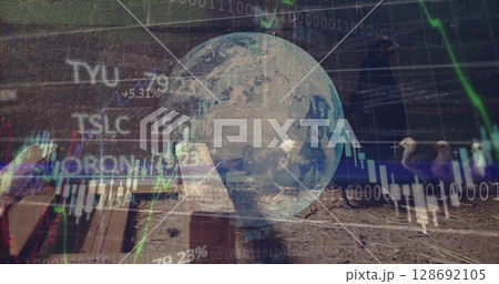Image of data processing and globe over hen in henhouse 128692105