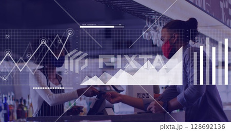 Image of financial data over afriocan american women in face mask in cafe 128692136