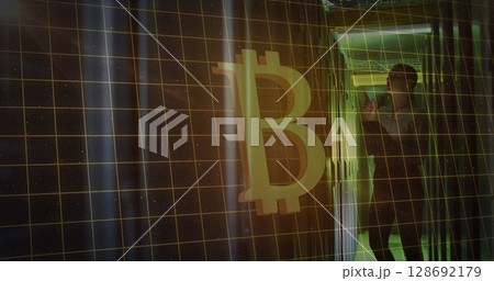 Image of data processing and bitcoin over caucasian female worker in server room Image of data processing and bitcoin over caucasian female worker in server room 128692179