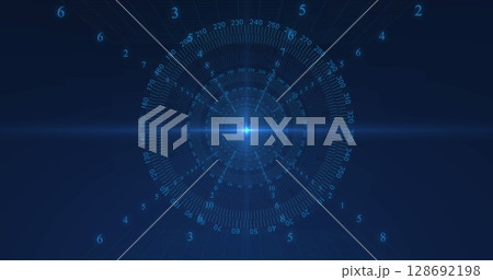 Image of scopes scanning and data processing with binary coding on blue background 128692198