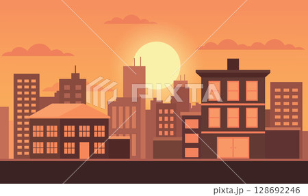 Cityscape in Evening Glow with Buildings Lit Against a Softly Darkening Urban Sky Cityscape in Evening Glow with Buildings Lit Against a Softly Darkening Urban Sky 128692246