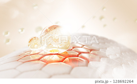 3d skin cells with gold oil drops, liquid serum or collagen gel. Epidermis layer with red damaged skin area, hexagon pattern. Repair, treatment, moisture, nourish from redness or acne. 3D illustration 128692264