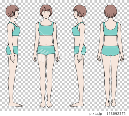 Female full body model 4-sided illustration set Turquoise color 128692373