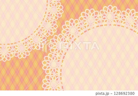 イラスト背景素材・アーガイル柄の背景とレース模様・オレンジ イラスト背景素材・アーガイル柄の背景とレース模様・オレンジ 128692380