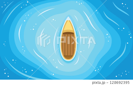 Aerial View of Floating Boat Centered in Vast Blue Water Ocean Lake 128692395