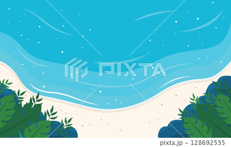 Aerial Top View of Blue Ocean Waves Gently Crashing and Rolling Onto a Peaceful Sandy Shoreline Aerial Top View of Blue Ocean Waves Gently Crashing and Rolling Onto a Peaceful Sandy Shoreline 128692535