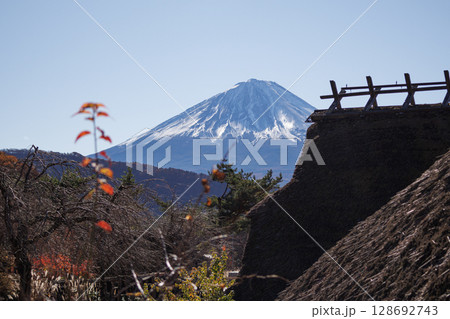 茅葺き屋根の古民家越しの秋の早朝の富士山 茅葺き屋根の古民家越しの秋の早朝の富士山 128692743