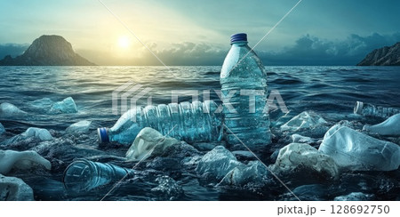 Plastic bottles and debris piled by the ocean at dusk, illustrating environmental damage from improperly discarded waste. 128692750