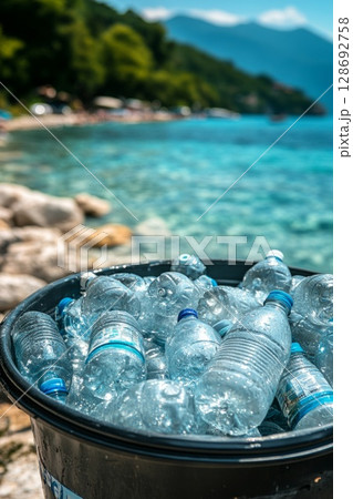 Garbage bin filled with plastic bottles on a rocky seashore, drawing attention to ocean pollution and littering. 128692758