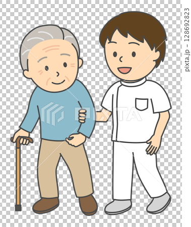 リハビリをする杖をついたシニア男性と腕を支える男性理学療法士 128692823