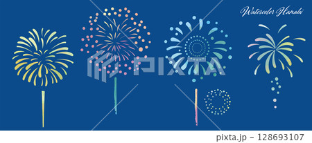 シンプルな水彩の打ち上げ花火の夜景ベクターイラストセット シンプルな水彩の打ち上げ花火の夜景ベクターイラストセット 128693107