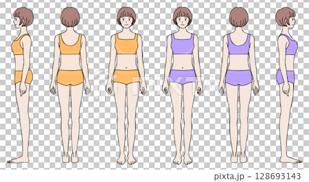 Female full body model 3-sided illustration orange/purple color set 128693143
