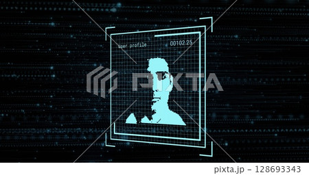 Displaying user profile window showing pixelated silhouette in cyber interface, with data streams Displaying user profile window showing pixelated silhouette in cyber interface, with data streams 128693343