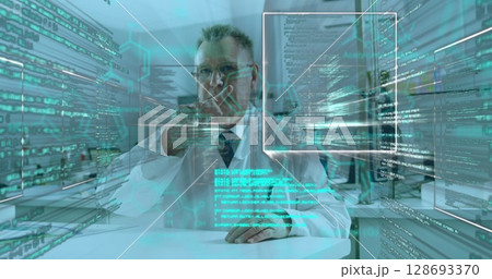 Image of data processing over caucasian male doctor 128693370