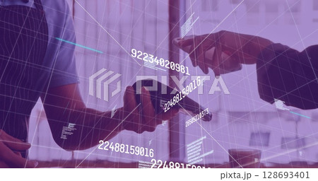 Image of data processing over diverse people paying with smartphone 128693401