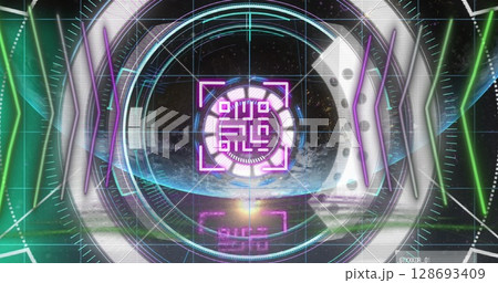 Image of qr code glowing over data processing and scope 128693409