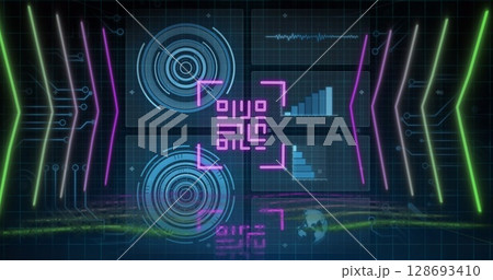 Image of qr code over scope scanning and data processing on black background 128693410