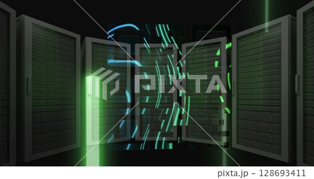 Image of qr code over neon shapes and server room on black background 128693411