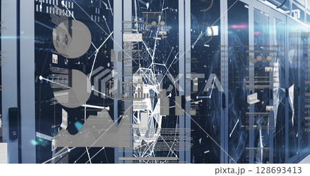Image of data processing and network of connections over server room 128693413