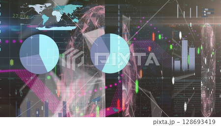 Image of data processing over globe on black background 128693419