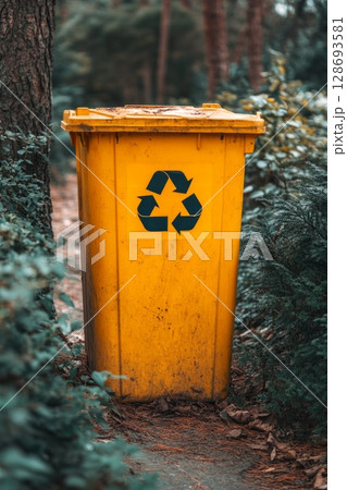 Yellow recycling container stands on a woodland trail, surrounded by trees, highlighting the importance of recycling in natural spaces. 128693581