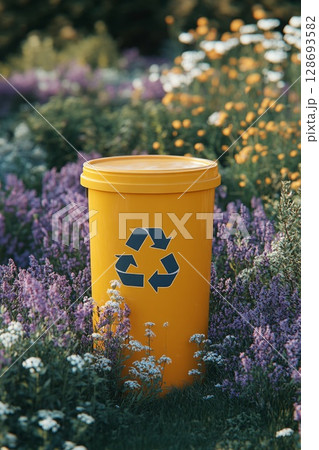 Yellow recycling bin among spring flowers in a garden, promoting sustainable waste management amidst blooming nature. 128693582