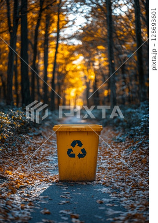 Recycle bin on a winding autumn path, shining in cool evening light, recalling the importance of clean natural spaces. 128693601
