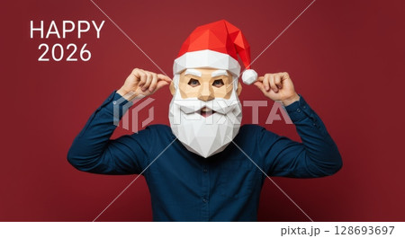 Playful santa mask costume for festive new year 2026 celebration on red background 128693697