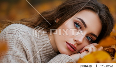 Autumn serenity with woman resting among fall leaves in cozy sweater 128693698