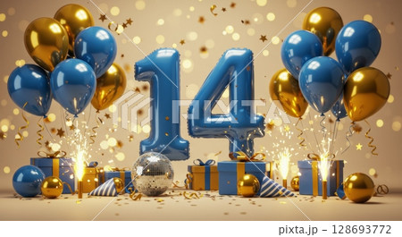 Extravagant 14th birthday celebration with blue and gold balloons and sparkling decorations 128693772