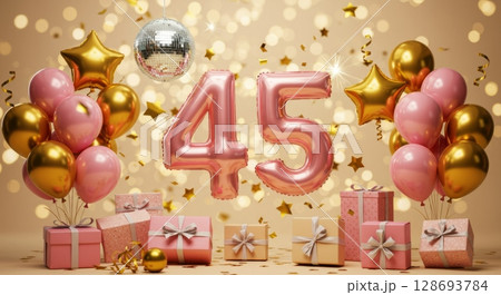Elegant birthday celebration with balloons, disco ball, and gifts for a 45th anniversary 128693784