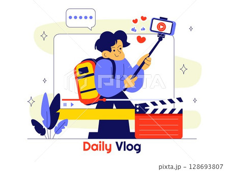 Daily Vlog Vector Illustration Featuring an Influencer Browsing Social Networks with Live Streaming of Various Activities in a Lifestyle Background Daily Vlog Vector Illustration Featuring an Influencer Browsing Social Networks with Live Streaming of Various Activities in a Lifestyle Background 128693807