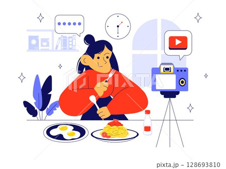 Daily Vlog Vector Illustration Featuring an Influencer Browsing Social Networks with Live Streaming of Various Activities in a Lifestyle Background Daily Vlog Vector Illustration Featuring an Influencer Browsing Social Networks with Live Streaming of Various Activities in a Lifestyle Background 128693810