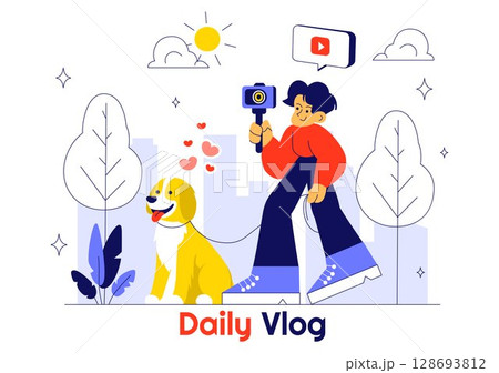 Daily Vlog Vector Illustration Featuring an Influencer Browsing Social Networks with Live Streaming of Various Activities in a Lifestyle Background 128693812