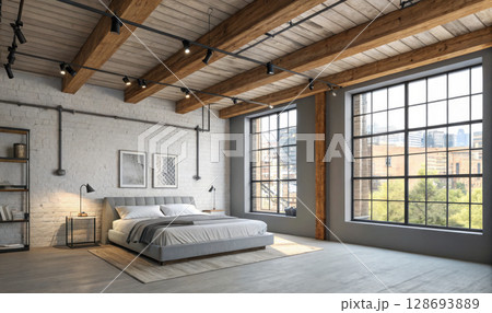 Modern loft bedroom with large windows 128693889