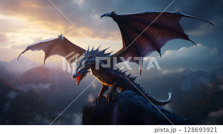 Fantasy dragon mystical glowing detailed with glowing scales flying above a mountain. Perfect for games, book covers, Nand digital art collections. Fantasy dragon mystical glowing detailed with glowing scales flying above a mountain. Perfect for games, book covers, Nand digital art collections. 128693921