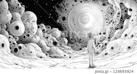 Black and white illustration of a boy standing on a strange alien planet watching a solar eclipse in a surreal cosmic landscape coloring page 128693924
