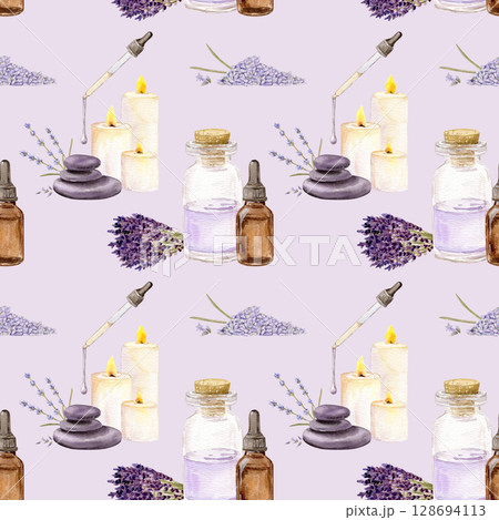 Watercolor seamless pattern with bottles with different essential oil, aroma stones and bouquet with lavender, pipette and candles Watercolor seamless pattern with bottles with different essential oil, aroma stones and bouquet with lavender, pipette and candles 128694113