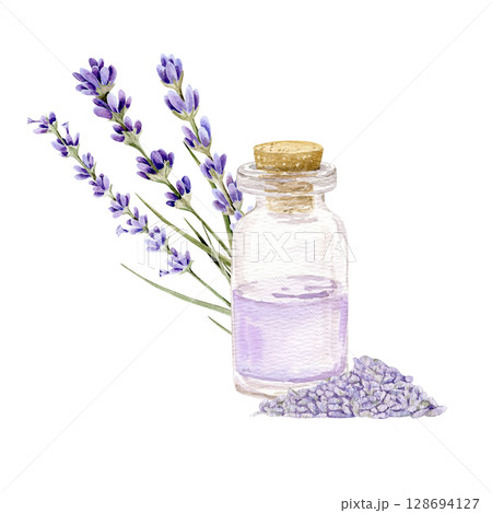 watercolor hand drawn composition with essential oil bottle with cork and lavender bouquet and seeds 128694127