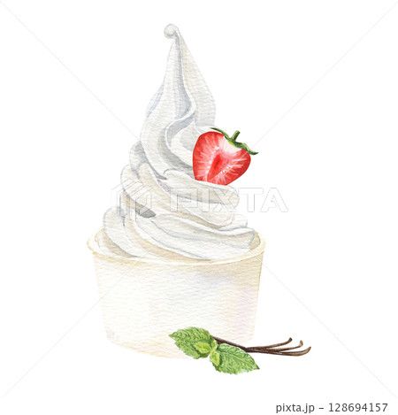 watercolor hand made iillustration wirh vanilla ice cream with srtawberry, mint and vanilla in a cup 128694157