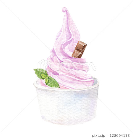 watercolor hand made iillustration wirh berries ice cream with chocolate, mint in a cup 128694158