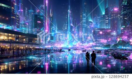 A vibrant cyberpunk cityscape glowing with neon lights and glitch effects. Futuristic people wearing tech gear in a night urban scene. A vibrant cyberpunk cityscape glowing with neon lights and glitch effects. Futuristic people wearing tech gear in a night urban scene. 128694257