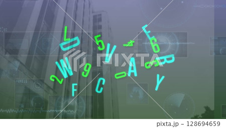 Image of numbers, letters and data processing over modern office buildings Image of numbers, letters and data processing over modern office buildings 128694659