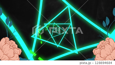 Image of roses appearing over black background with neon triangles Image of roses appearing over black background with neon triangles 128694684