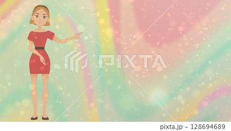 Image of cartoon woman and dots floating over pastel colorful background Image of cartoon woman and dots floating over pastel colorful background 128694689