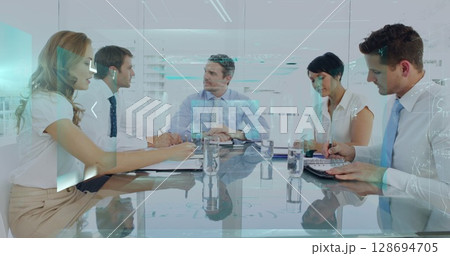 Image of financial data processing over diverse business people 128694705