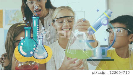 Image of lab icons over biracial female teacher doing experiments with diverse schoolchildren Image of lab icons over biracial female teacher doing experiments with diverse schoolchildren 128694710