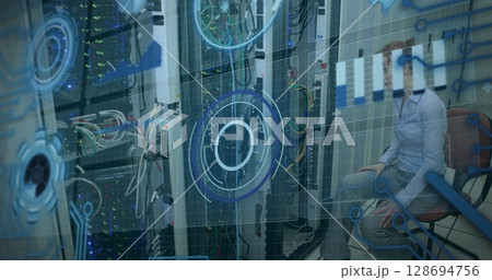 Image of processing circle over data and caucasian woman checking computer wires 128694756