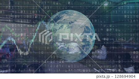 Image of data processing and globe over rubbish dump 128694904